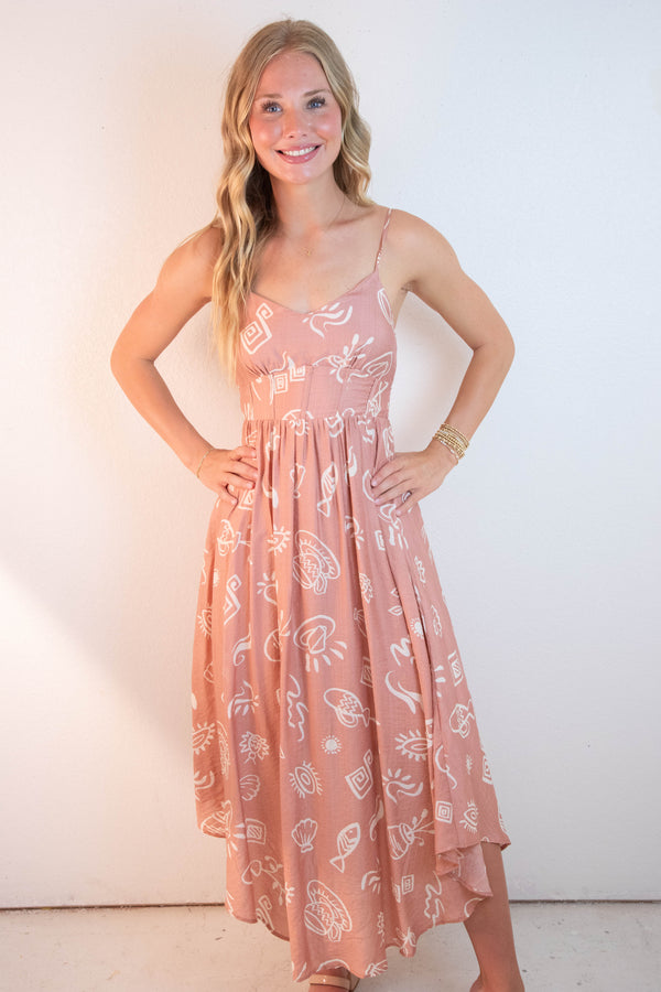 Jordan Doodle Print Shirred Waist Dress, Apricot