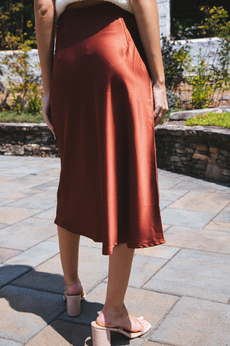 Sabina Satin Midi Skirt, Copper Rose