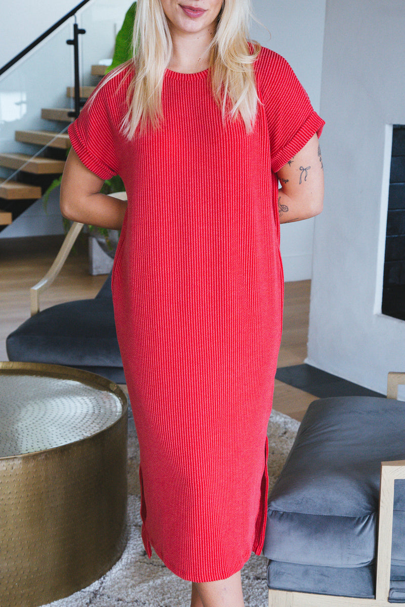 Kara Rib Knit Midi Dress, Red