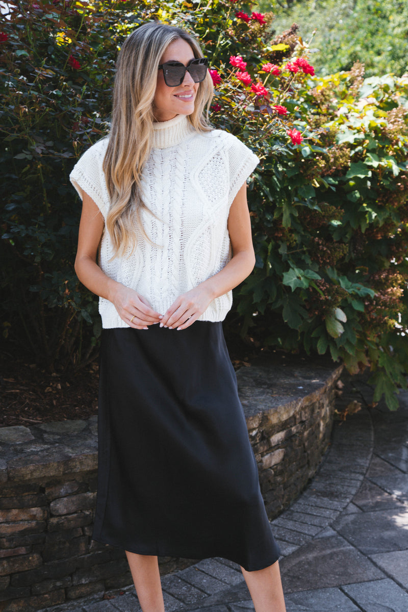 Sabina Satin Midi Skirt, Black