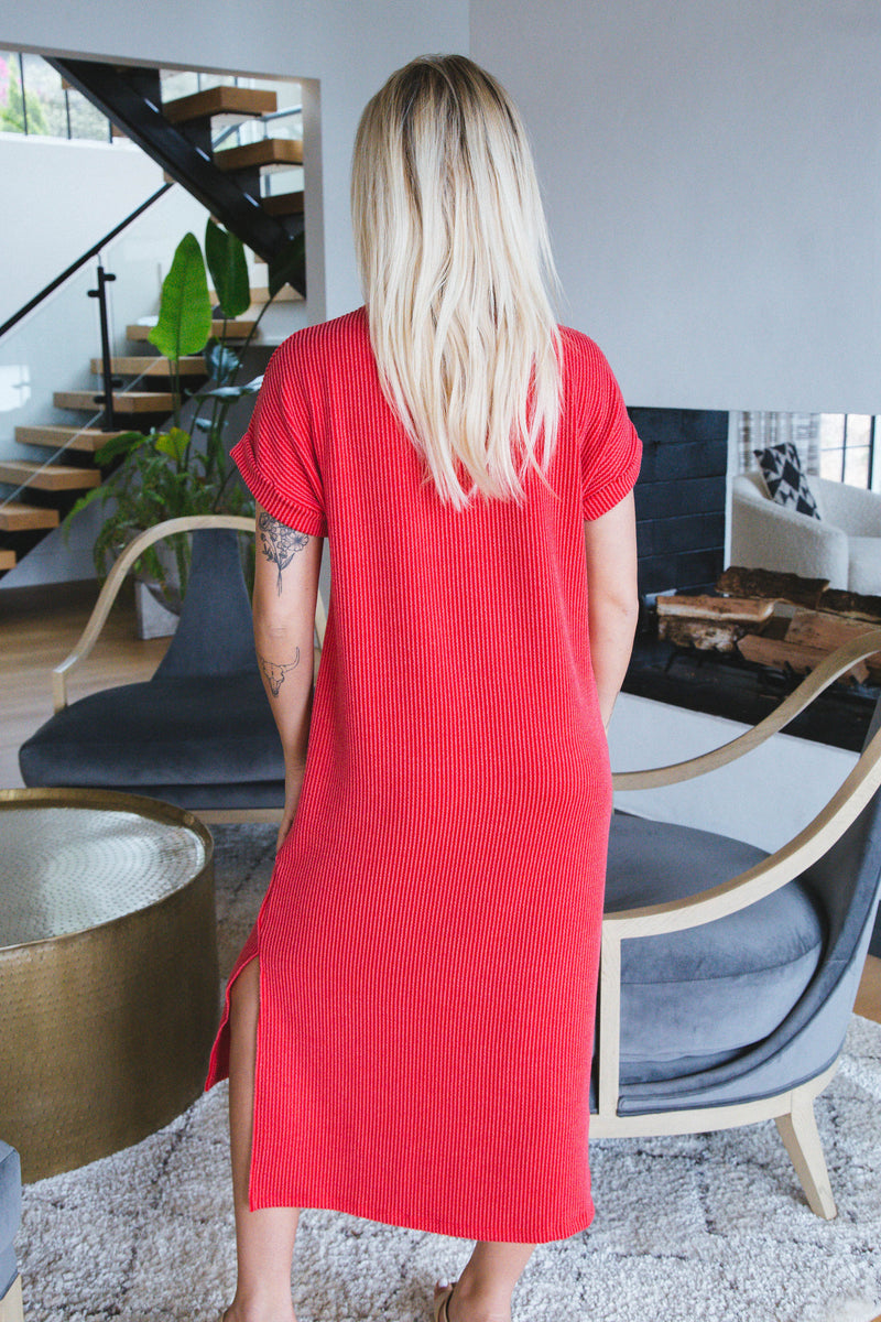 Kara Rib Knit Midi Dress, Red