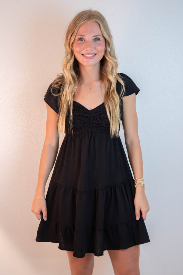 Katie Flutter Sleeve Smocked Mini Dress, Black