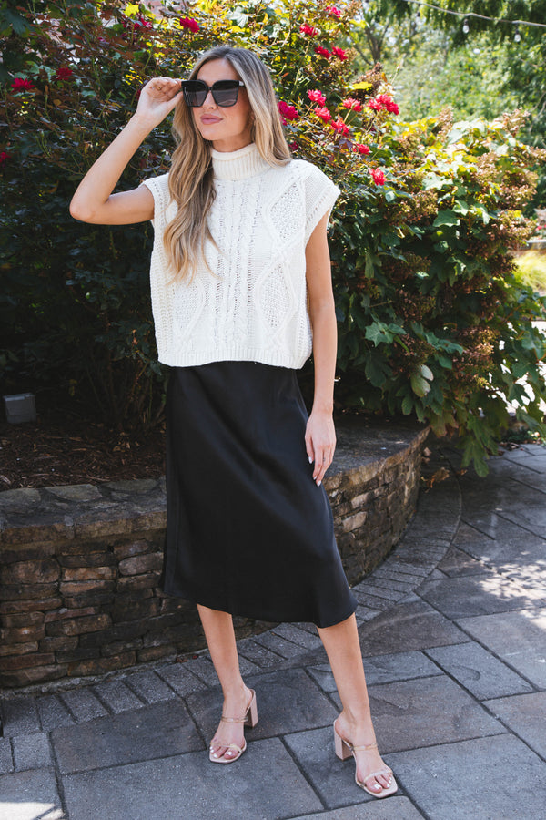 Sabina Satin Midi Skirt, Black