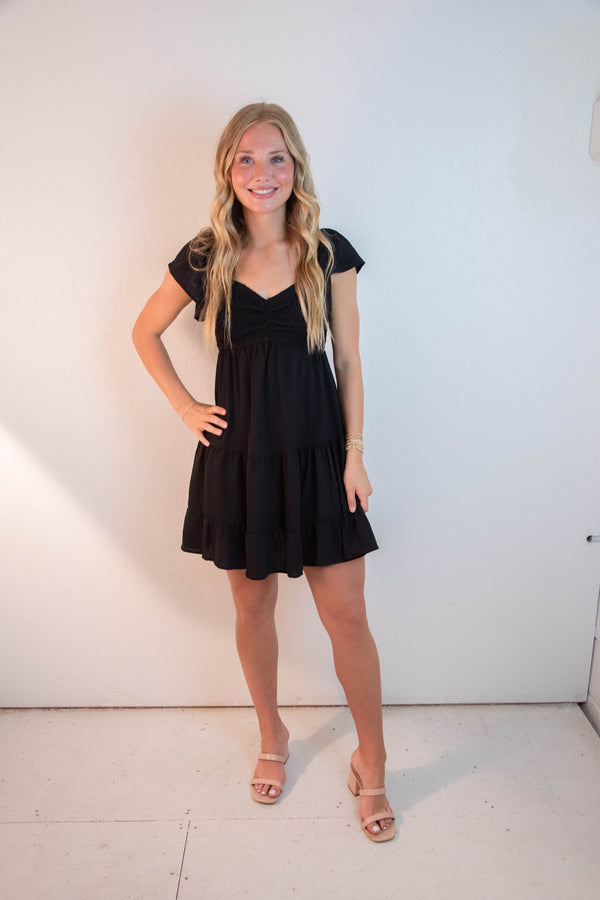 Katie Flutter Sleeve Smocked Mini Dress, Black