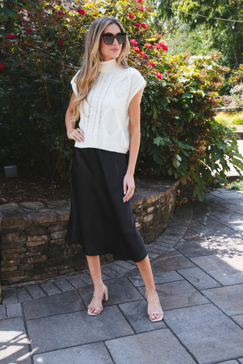 Sabina Satin Midi Skirt, Black