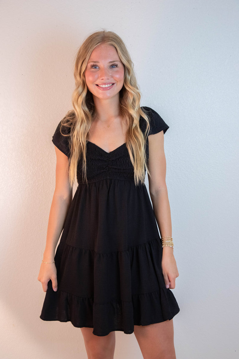 Katie Flutter Sleeve Smocked Mini Dress, Black