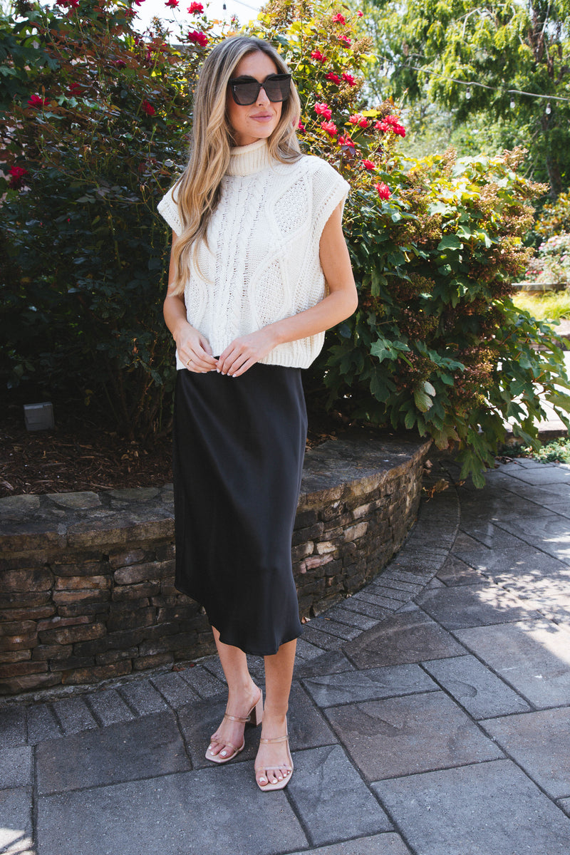 Sabina Satin Midi Skirt, Black