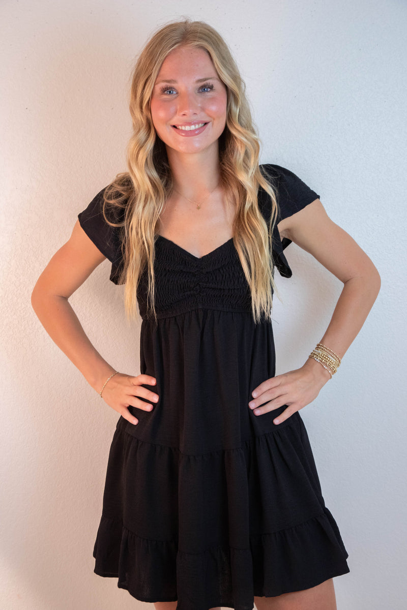 Katie Flutter Sleeve Smocked Mini Dress, Black