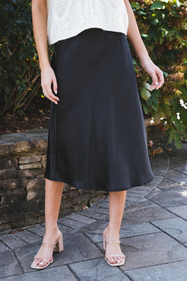 Sabina Satin Midi Skirt, Black