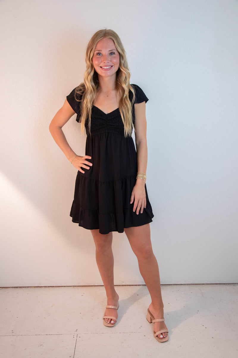 Katie Flutter Sleeve Smocked Mini Dress, Black