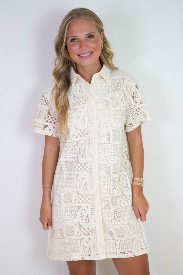 Emmeline Lace Button Down Dress, Natural