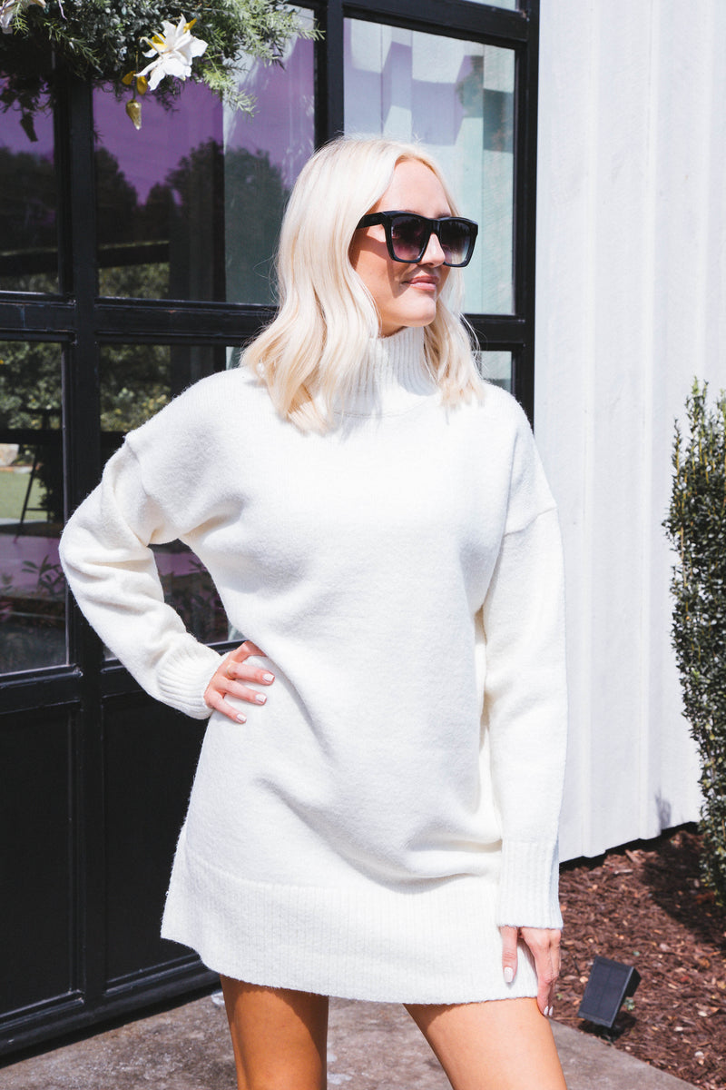 Manning Mock Neck Sweater Dress, Cream