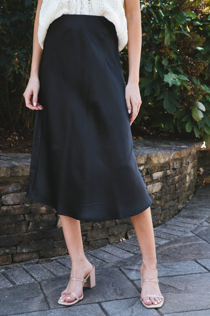 Sabina Satin Midi Skirt, Black