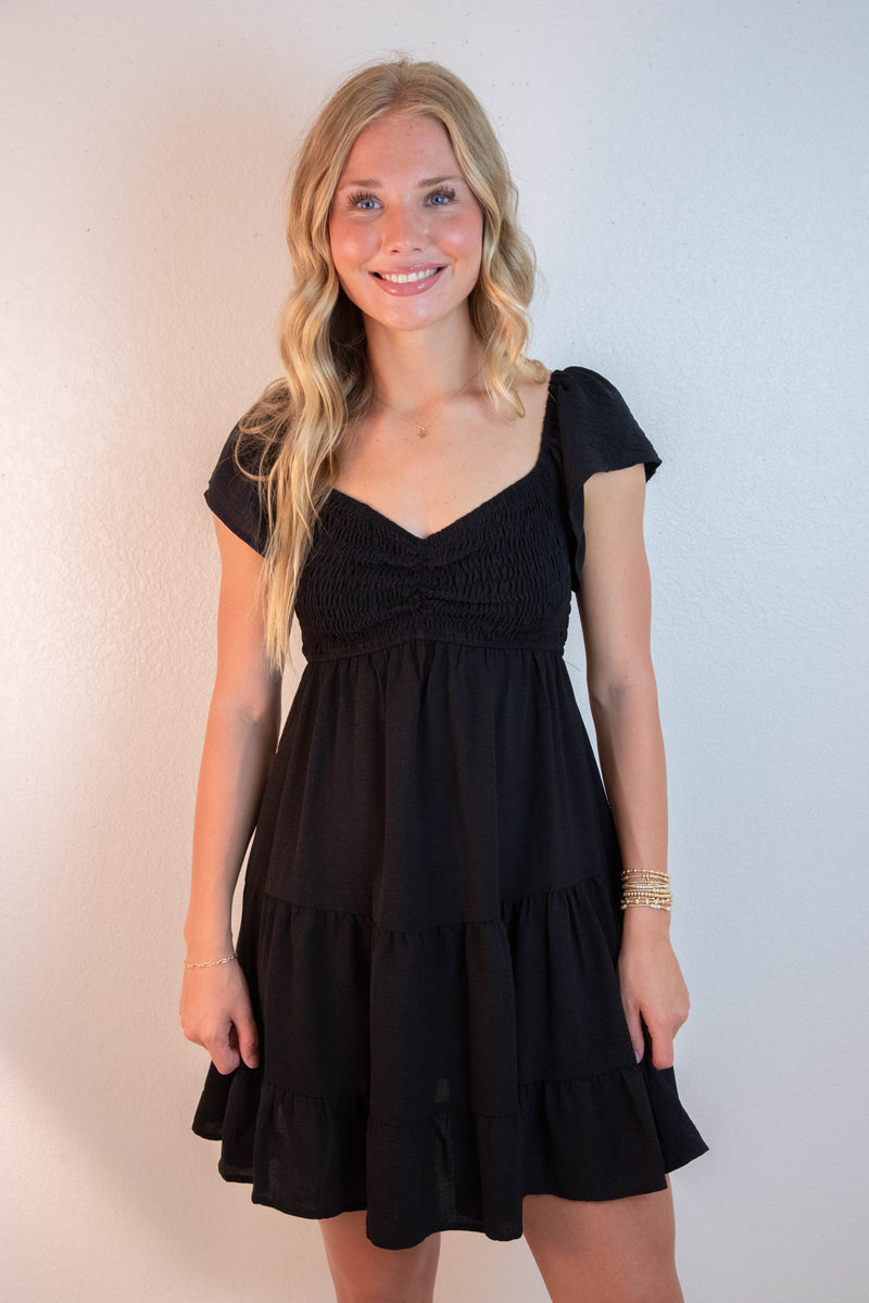 Katie Flutter Sleeve Smocked Mini Dress, Black