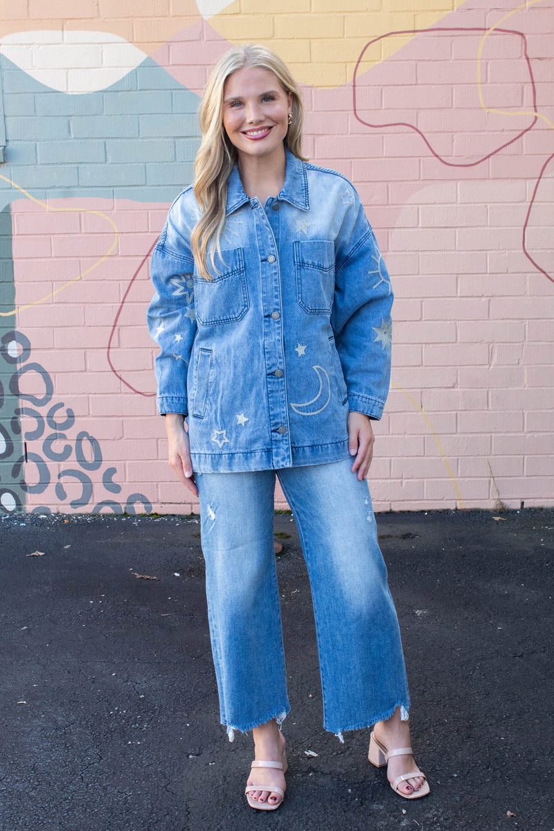 Ashley Embroidered Denim Jacket, Medium Wash