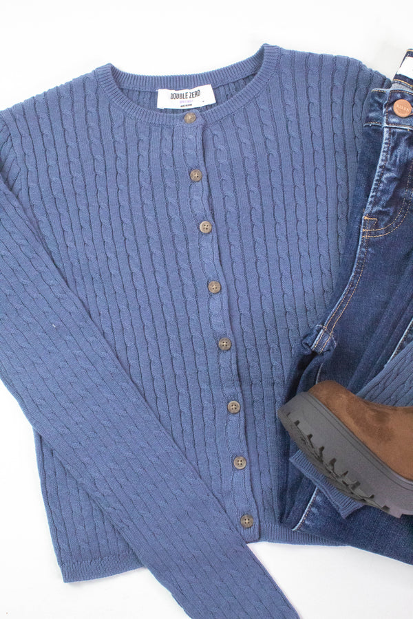 Iris Cable Knit Cropped Cardigan, Dusty Navy