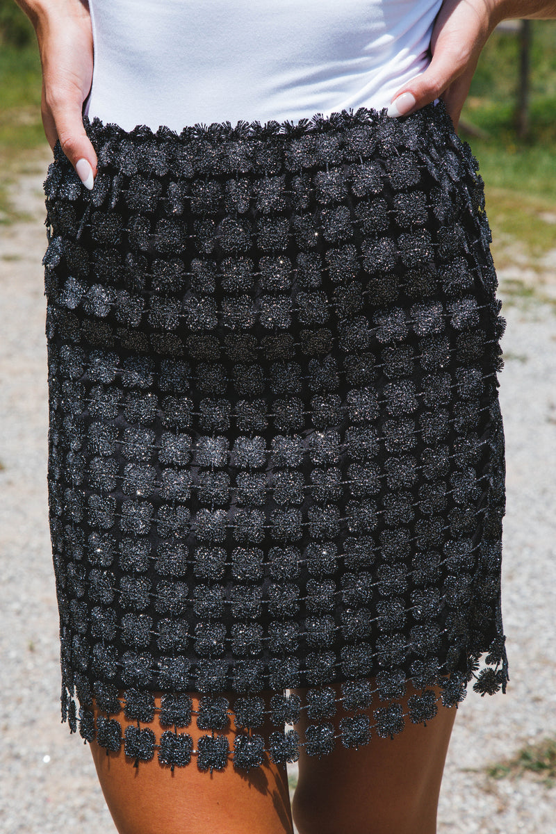 Monaco Crochet Lace Mini Skirt, Black/Silver