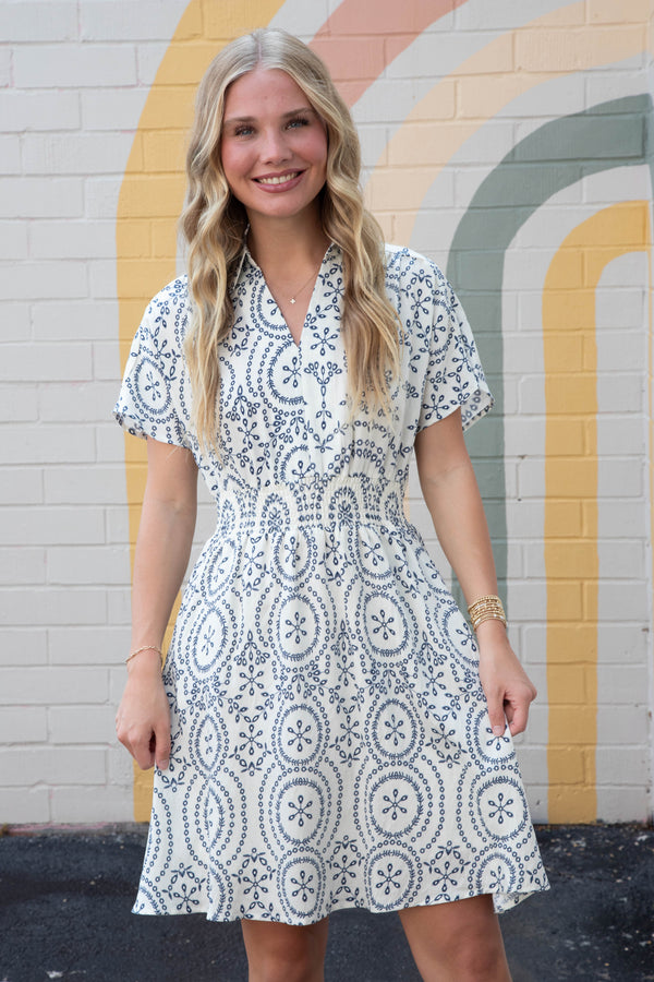 Holland Collared Smocked Waist Dress, Off White