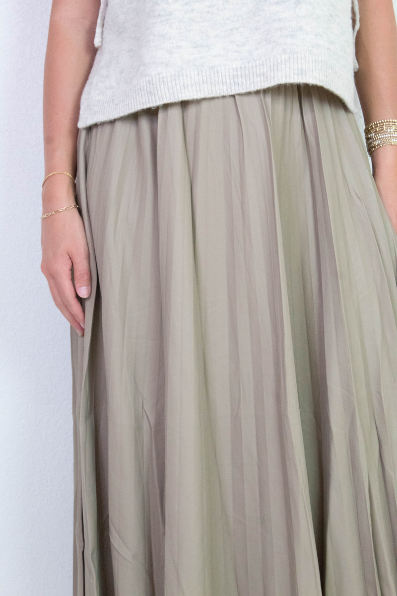 Sallie Vegan Leather Pleated Maxi Skirt, Khaki