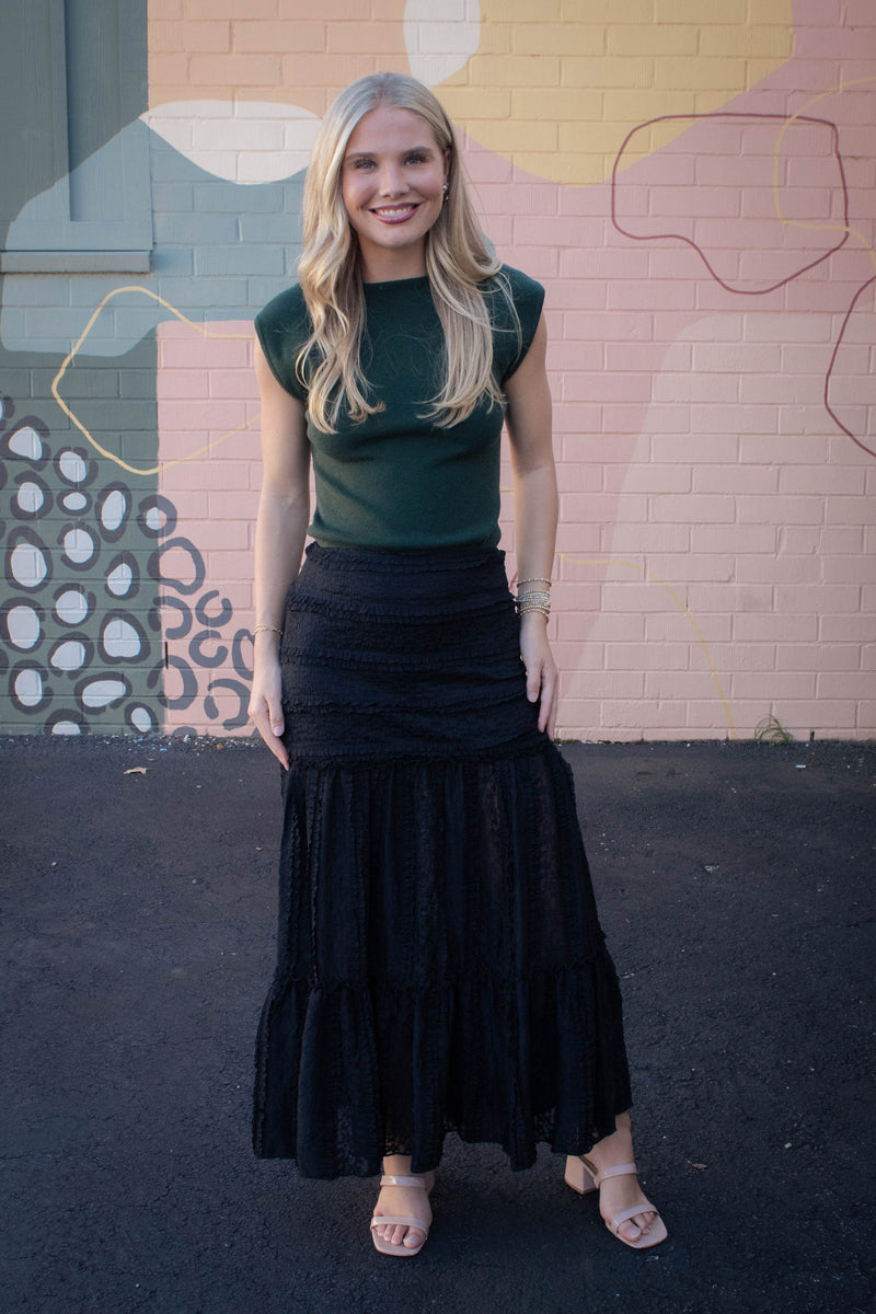 Olivia Lace Ruffle Detailed Maxi Skirt, Black