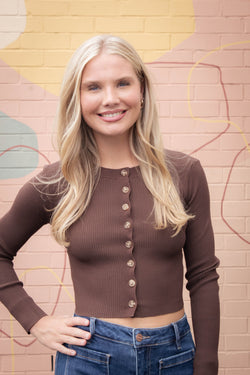 Josie Rib Knit Cropped Cardigan, Brown