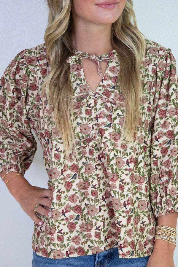 Kaelynn Corduroy Vintage Floral Blouse, Cream/Red