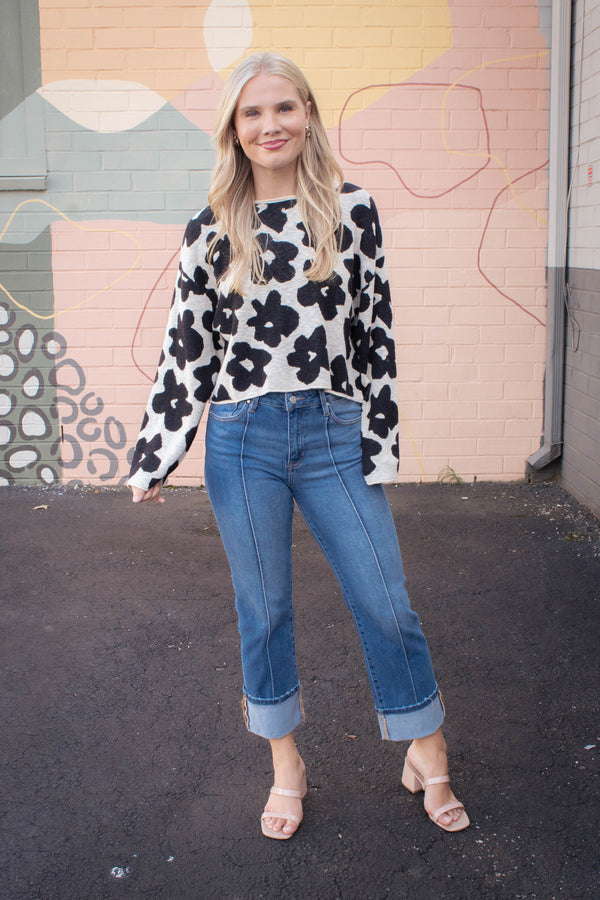 Shiloh Loose Fit Flower Sweater, Black/Oatmeal