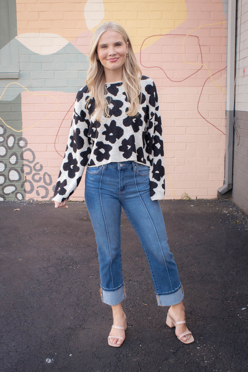 Shiloh Loose Fit Flower Sweater, Black/Oatmeal