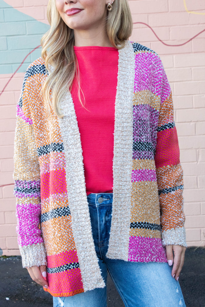 Frankie Oversized Color Block Cardigan, Fuchsia Mustard Multi