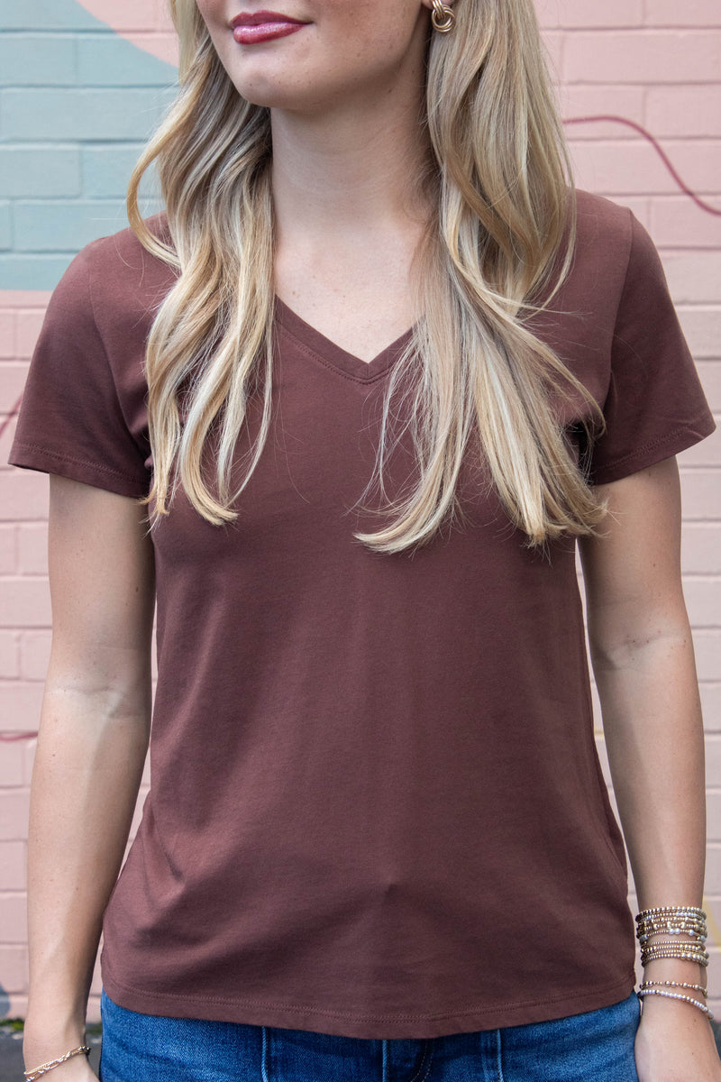 Tatum Cotton Jersey V-Neck Tee, Choco