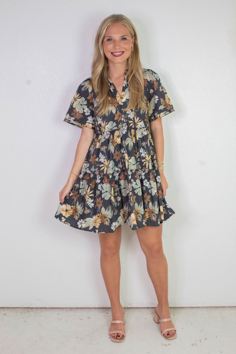 Samantha Floral Tiered Mini Dress, Charcoal