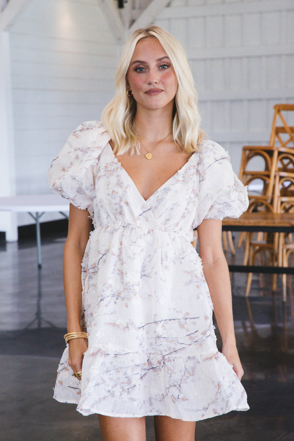 Say Yes Puff Sleeve Dress, Cream/Multi