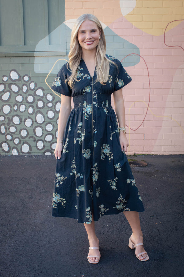 Ella Printed Zip Up Midi Dress, Black