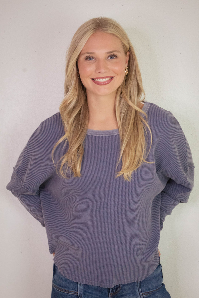 Marlowe Boat Neck Raw Edge Top, Dusty Indigo