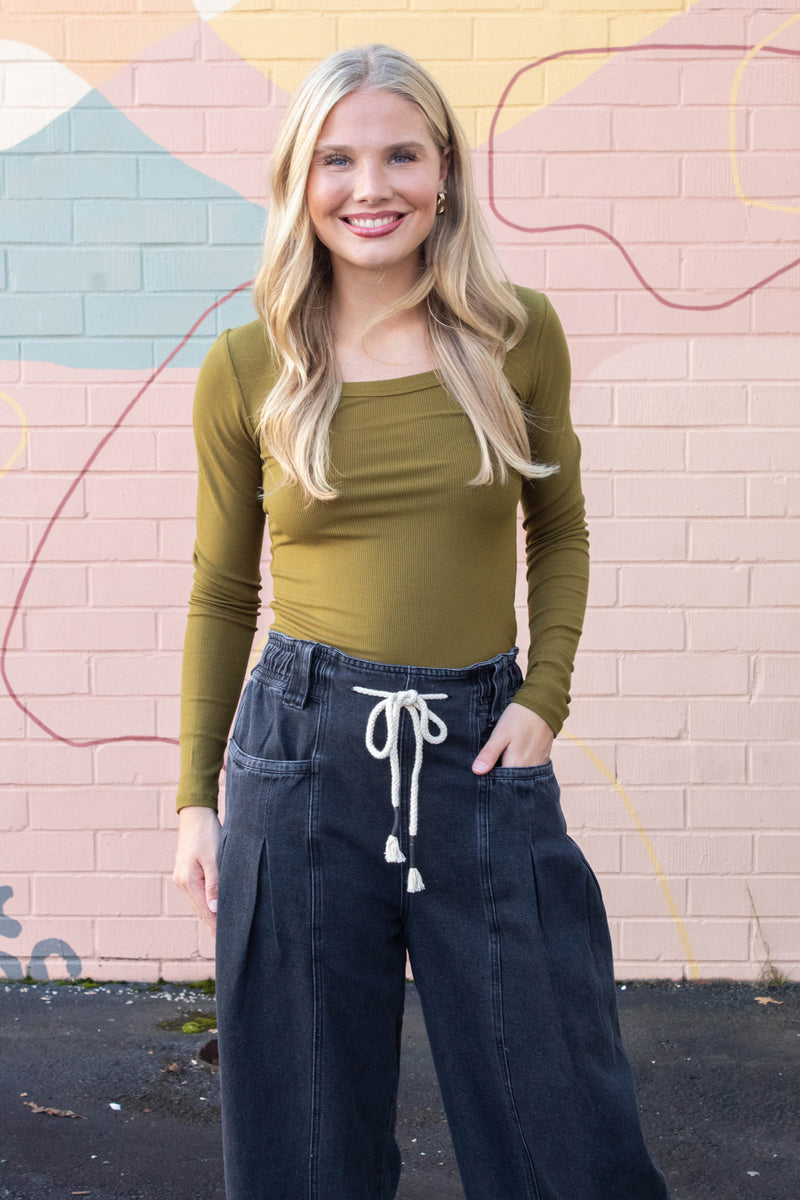 Raya Drawstring Barrel Leg Pants, Black Denim