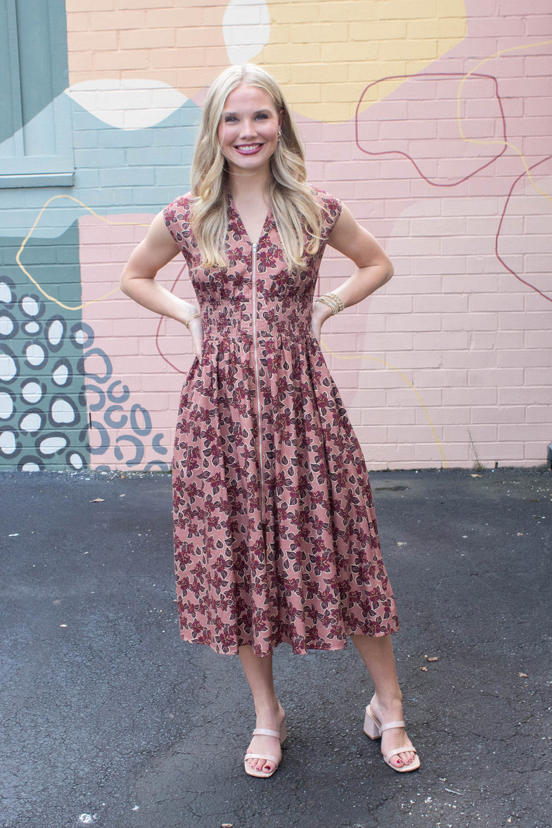 Molly Printed Front Zip Dress, Dusty Rose/Wine