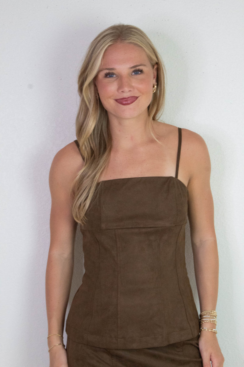Autumn Square Neck Suede Top, Dark Oak