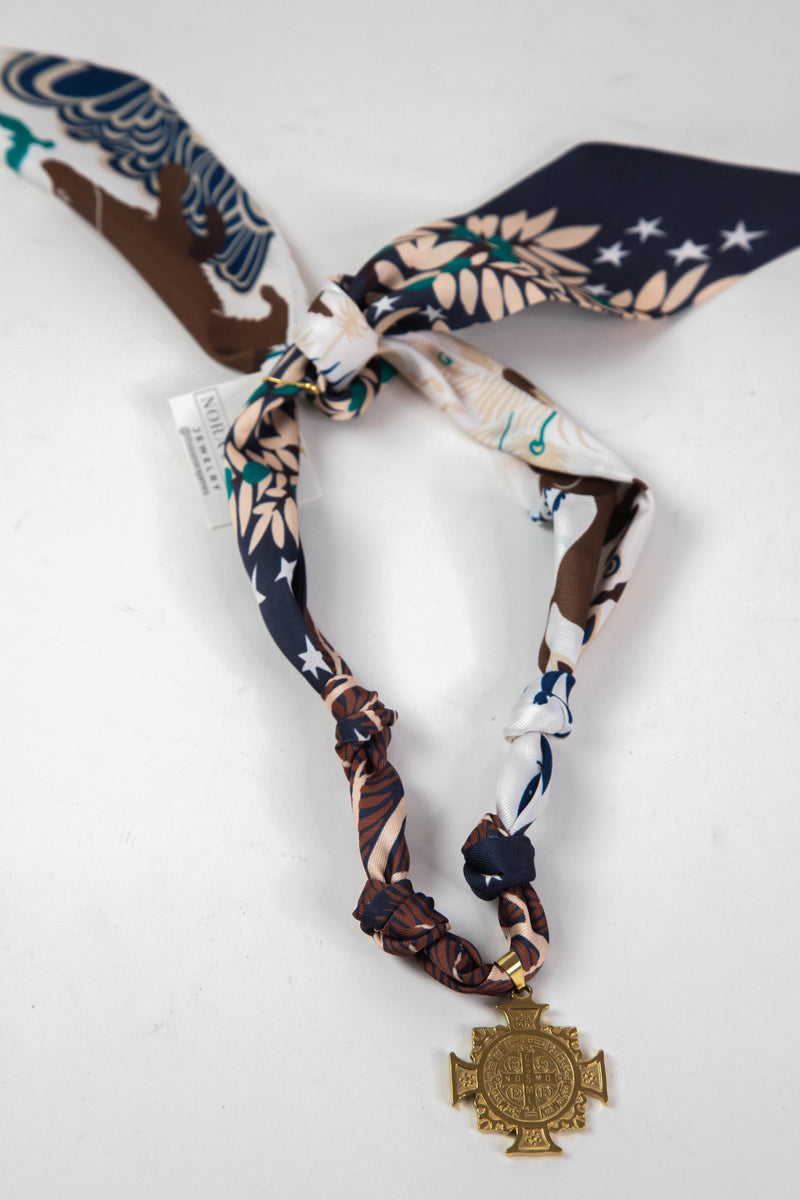 Marigold Benedict Cross Scarf Necklace, Navy/Brown | Nora James Jewelry