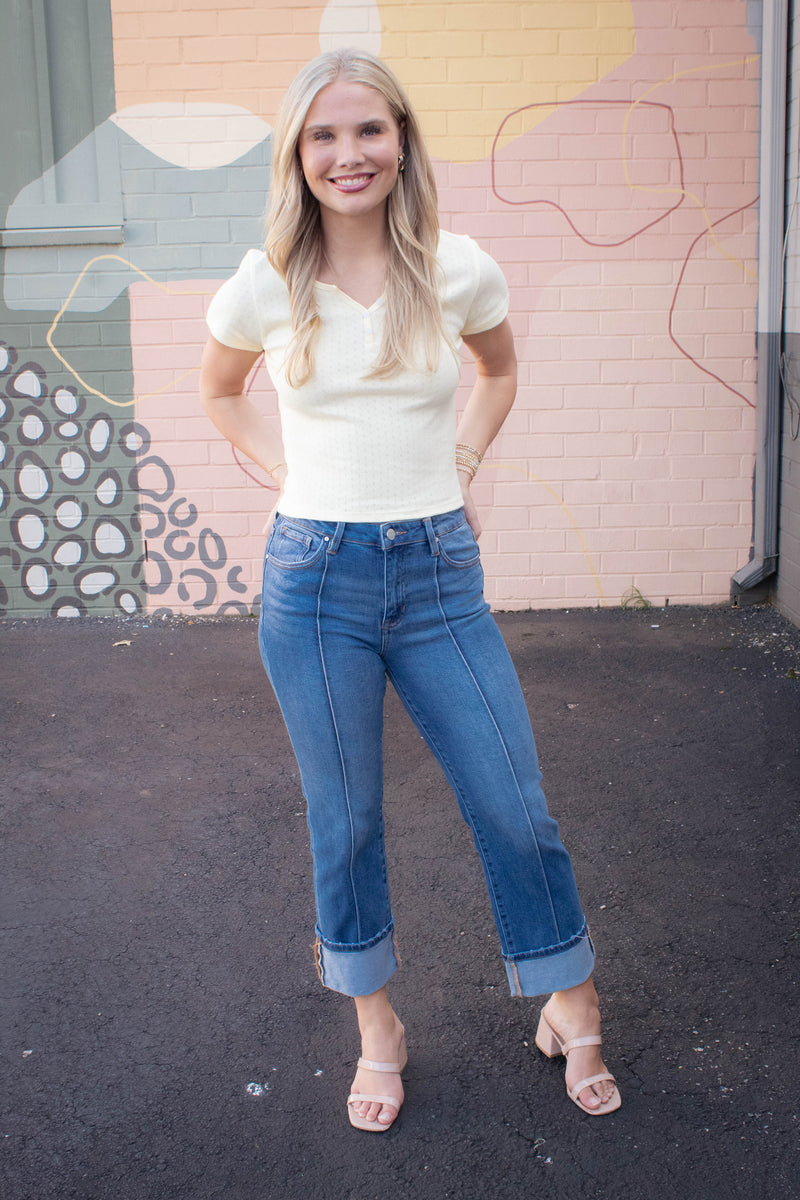 Julia Pointelle Knit Henley Top, Butter