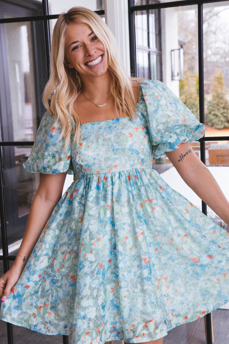 Braelyn Floral Puff Sleeve Dress, Green Combo