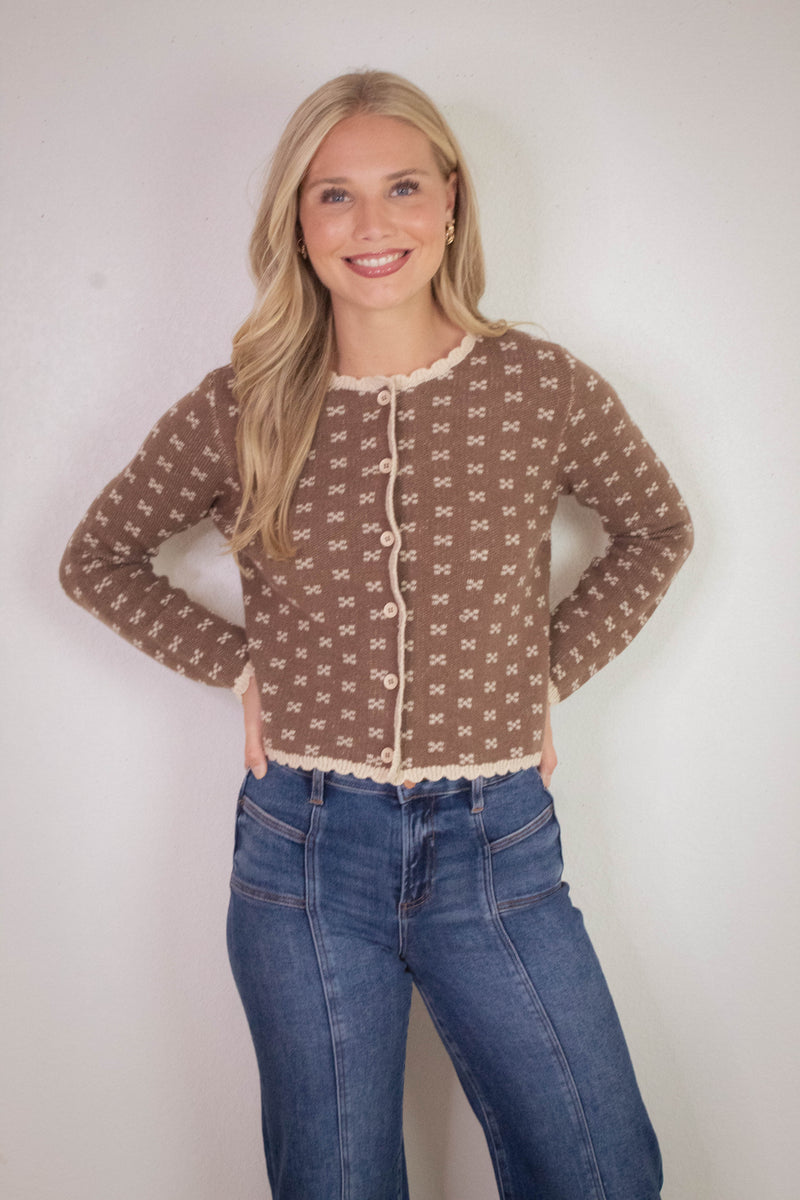 Lia Printed Contrast Scallop Trim Cardigan, Cocoa