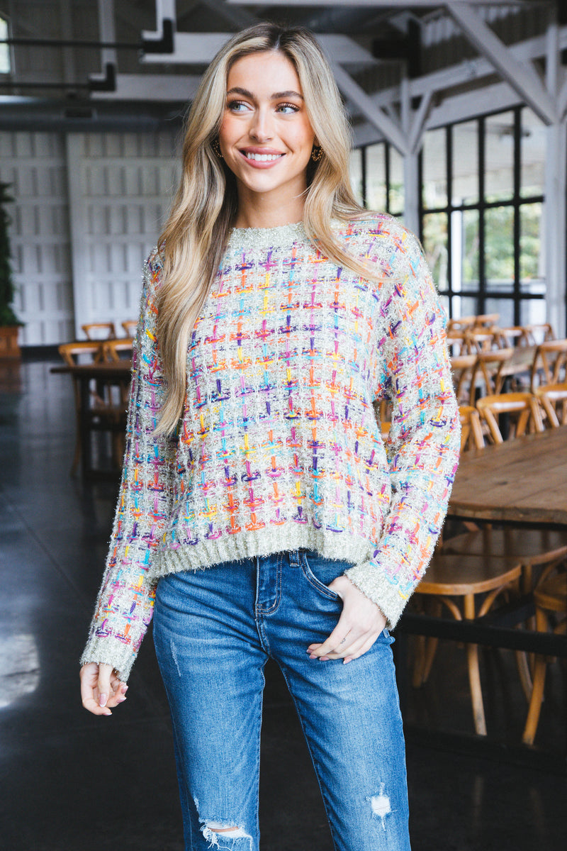 Millard Tweed Knit Sweater, Cream Multi