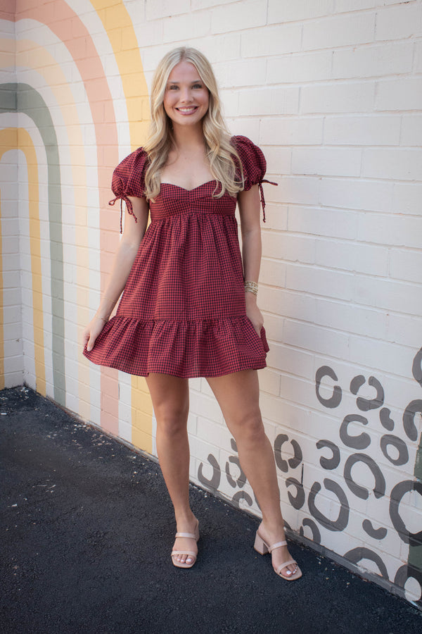 Francine Sweetheart Neck Checkered Dress, Black Red