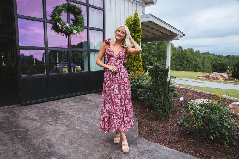 Idalia Lace Up Maxi Dress, Berry Floral