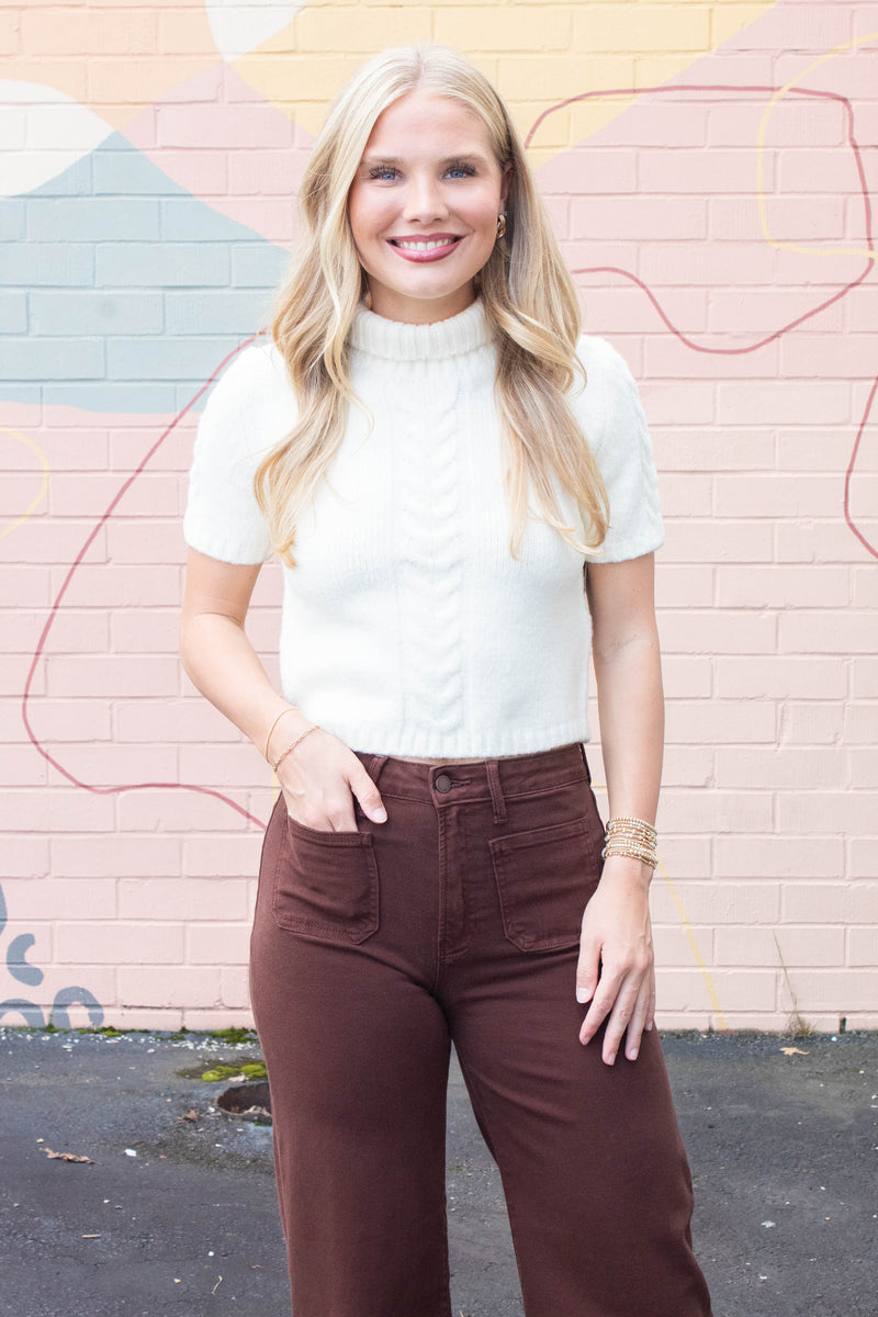 Leah Patch Pocket Wide Leg Jeans, Dark Brown