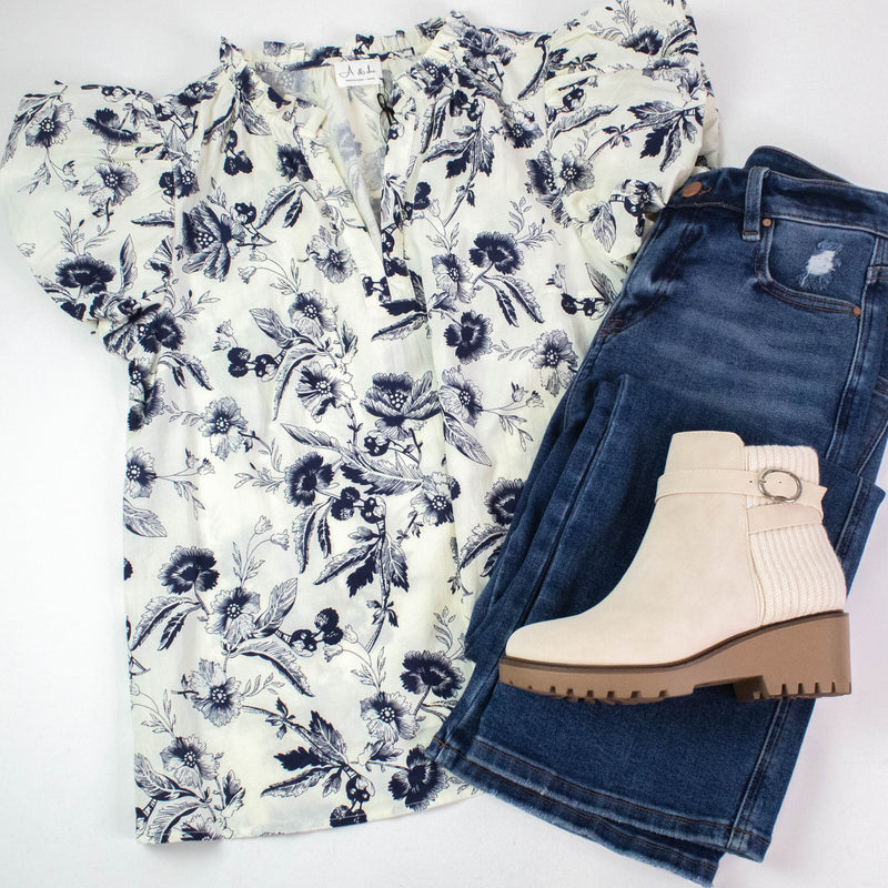 Alice Floral Split Neck Top, Ivory