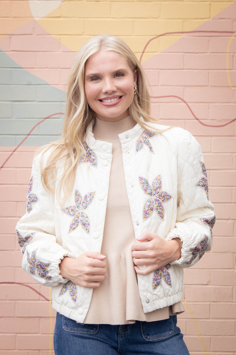 Enid Floral Applique Quilted Jacket, Cream