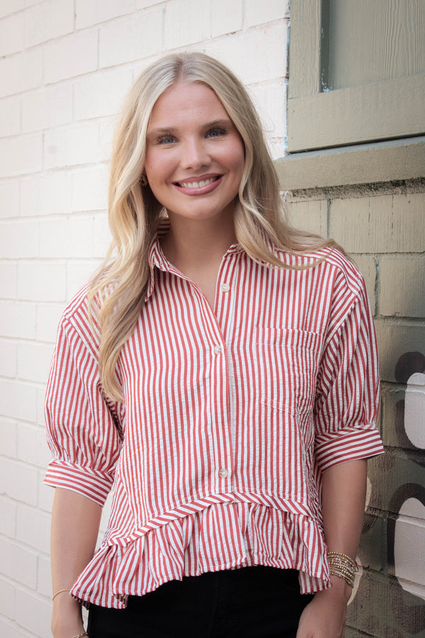 Indie Striped Ruffle Hem Button Up Top, Brick