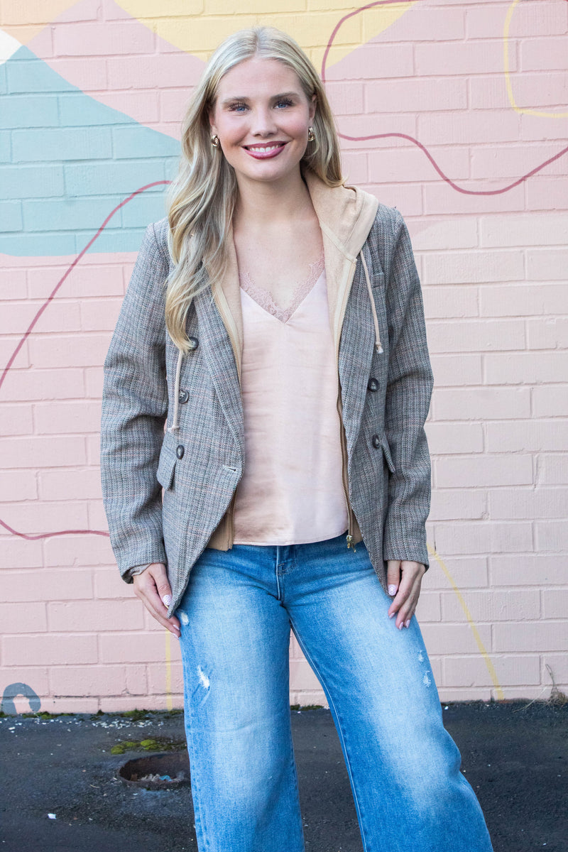 Jovie Herringbone Pattern Hooded Blazer, Tan Combo