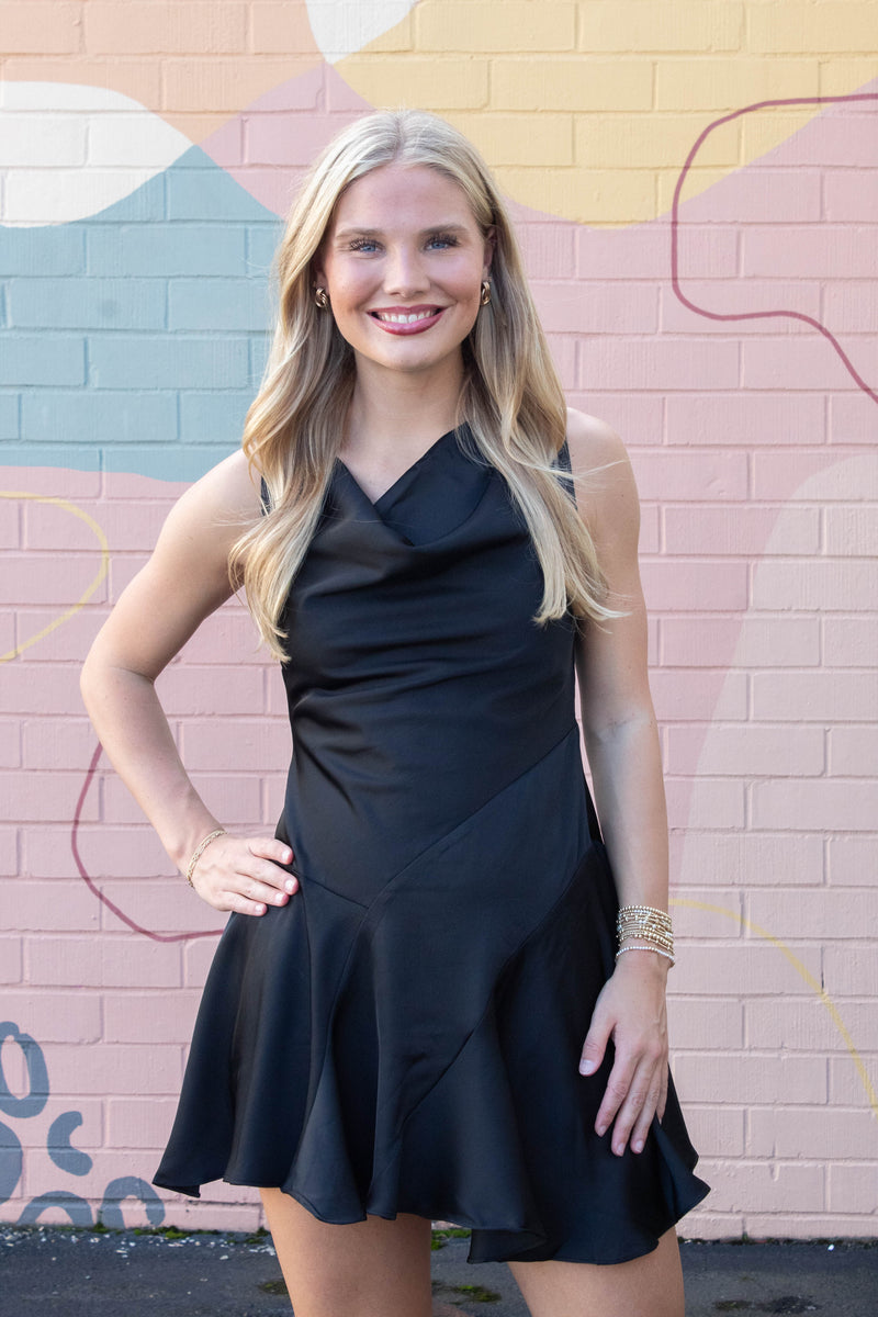 Mackenzie Cowl Neck Satin Dress, Black